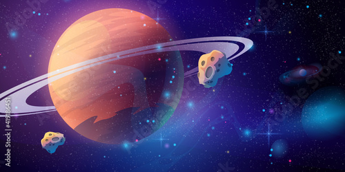 Space galaxy background with saturn planet and asteroids, cartoon universe texture. Vector starry futuristic surface with purple nebula, cosmos dust scenery. Deep purple sky with stars and planets