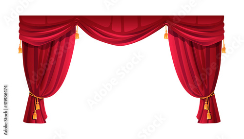 Velvet red curtain isolated stage decor. Vector theatre, cinema scene decoration, luxury cornice decor, domestic interior drapery textile labrecque. Scarlet silk cloth with golden lambrequin