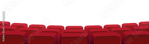 Rows of theater movie or cinema seats isolated on white. Vector blank screen, red velvet chairs in conference hall, opera or auditorium. Premier showtime comfortable seating, entertainment performance
