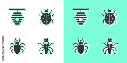 Set Termite, Hive for bees, Beetle deer and Mite icon. Vector.