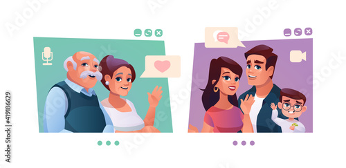 Family video conference, children with parents and grandchildren talking online on computer screens. Vector people on quarantine chatting with grandmother and grandfather, computer webcam talk