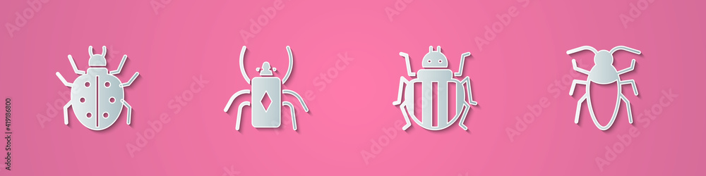 Set paper cut Mite, Beetle bug, Colorado beetle and Cockroach icon. Paper art style. Vector. Set paper cut Mite, Beetle bug, Colorado beetle and Cockroach icon. Paper art style. Vector.