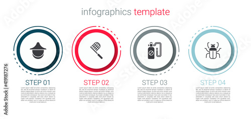 Set Beekeeper hat, Butterfly net, Pressure sprayer and Stink bug. Business infographic template. Vector.