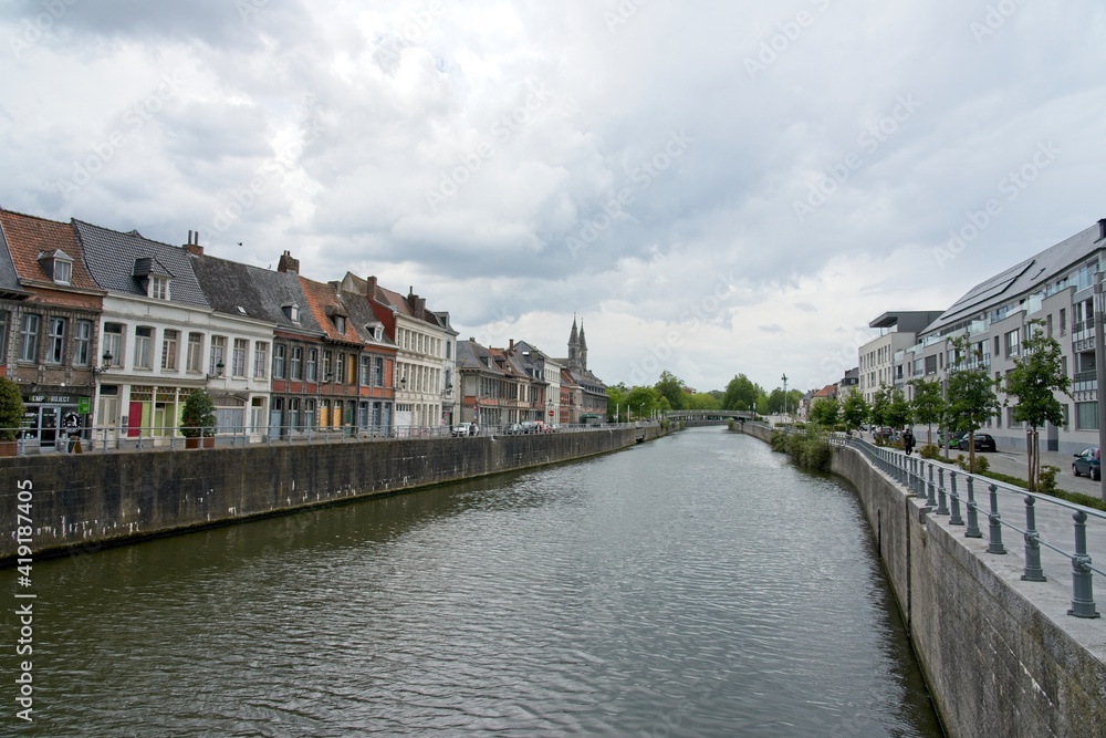 Tournai Belgium - 3 August 2020 - River Scheldt in downtown Tournai (Doornik) in Belgium