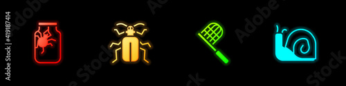 Set Spider in jar, Chafer beetle, Butterfly net and Snail icon. Vector.