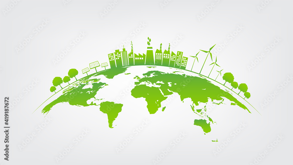 Ecology concept with green city on earth, World environment and ...
