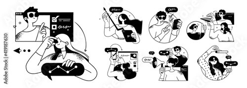 Business Concept illustrations. Collection of scenes with men and women taking part in business activities