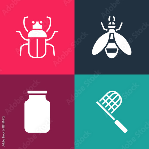 Set pop art Butterfly net, Glass jar, Bee and Stink bug icon. Vector.