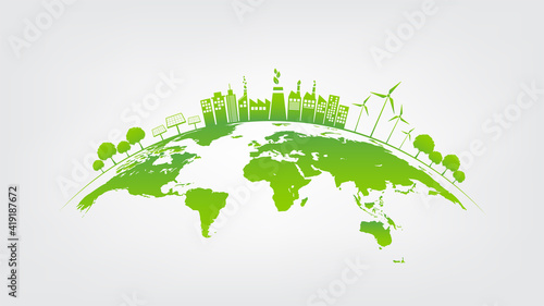 Ecology concept with green city on earth, World environment and sustainable development concept, vector illustration