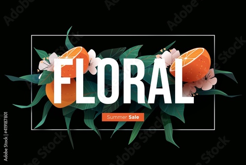 Bright floral background design with exotic plants and fruits. Vector