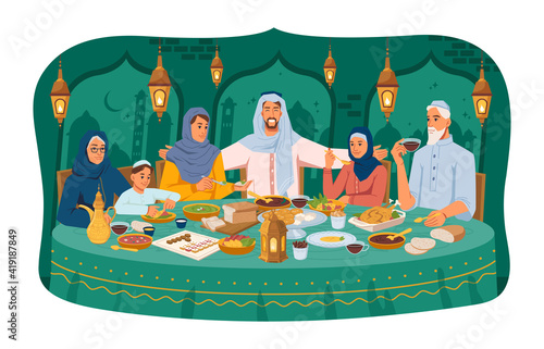 Muslim family at dinner, iftar ramadan holiday celebration, arabic people in national cloth, lanterns and arabian cityscape on background. Parents and kids sitting at table, national food and drinks