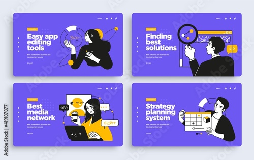 Set of Presentation slide templates or landing page websites design. Business concept illustrations. Modern flat style