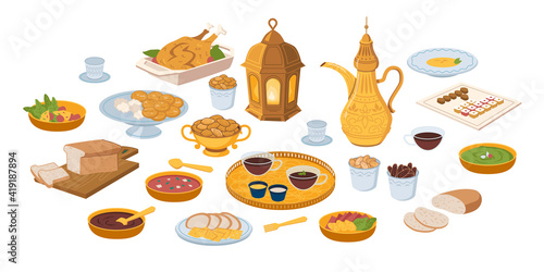 Iftar, ramadan banner with food and drinks eating isolated set, flat cartoon. Vector ftoor muslims evening meal at sunset. Eid mubarak, Ramazan Kareem meal, bread, fruits and vegetables, holy lamp