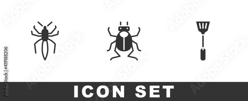 Set Spider, Beetle bug and Fly swatter icon. Vector.