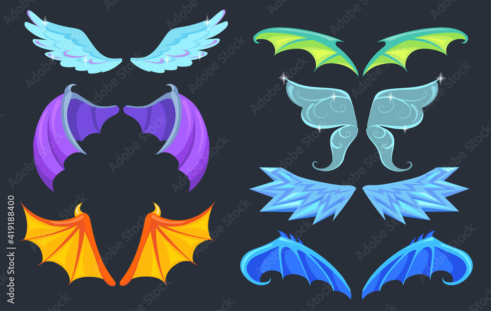 Fototapeta premium Fabulous creatures wings set. Dragon, monster, angel, butterfly wings isolated in black. Cartoon vector illustrations for fairy tales, legends, mythological designs.