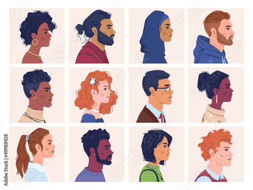 Diverse people, man and woman portraits, multiracial, multicultural crowd, side view portraits. Vector multi-ethnic group, afro american and caucasian, africans and europeans, multinational ethnicity
