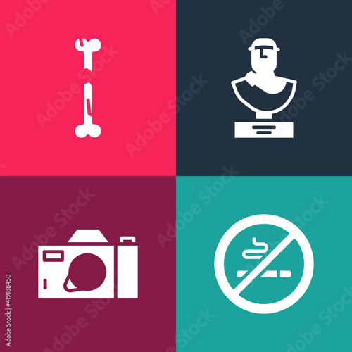 Set pop art No Smoking, Photo camera, Ancient bust sculpture and Human broken bone icon. Vector.