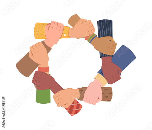 Hands holding each other making circle, togetherness and unity, ethnic diversity. Vector diverse group of people putting arms together. Support and partnership, social movement friendship cooperation