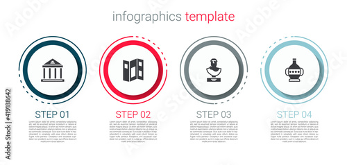 Set Museum building, guide brochure, Ancient bust sculpture and amphorae. Business infographic template. Vector.