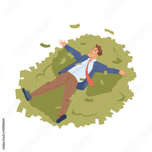 Businessman lie on heap of money isolated flat cartoon character. Vector rich person swimming in dollar banknotes, investment and profit savings, happy rich millionaire. Rich guy, economy of budget
