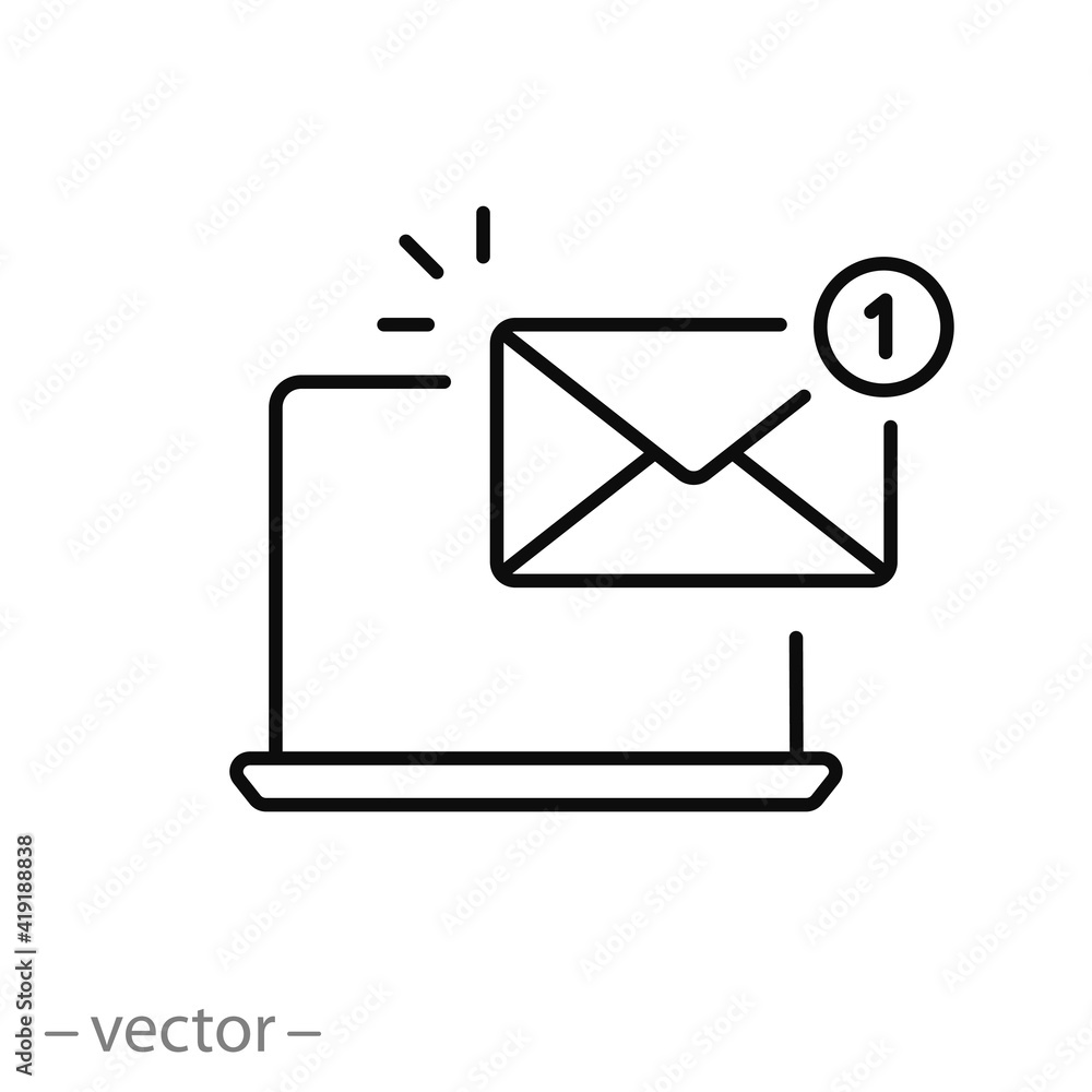 laptop with mail icon, message on the desktop, notification marketing, information in the pc mailbox, alert email, thin line symbol on white background - editable stroke vector eps10 laptop with mail icon, message on the desktop, notification marketing, information in the pc mailbox, alert email, thin line symbol on white background - editable stroke vector eps10