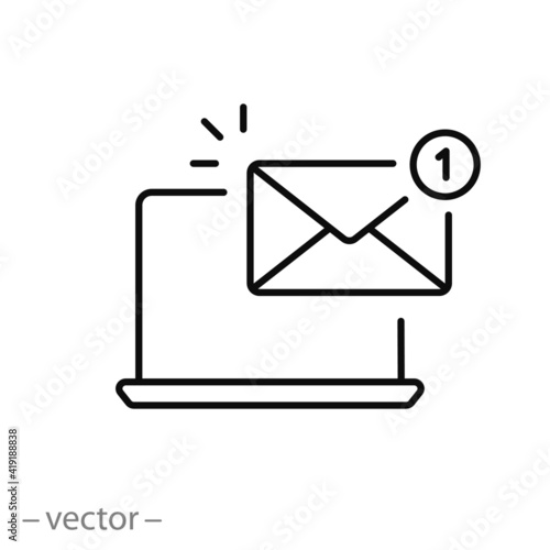laptop with mail icon, message on the desktop, notification marketing, information in the pc mailbox, alert email, thin line symbol on white background - editable stroke vector eps10