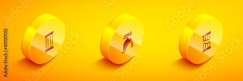 Set Isometric Ancient column, Roman army helmet and Broken ancient icon. Vector.