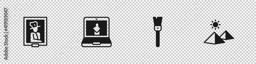 Set Portrait in museum, Online, Paint brush and Egypt pyramids icon. Vector.