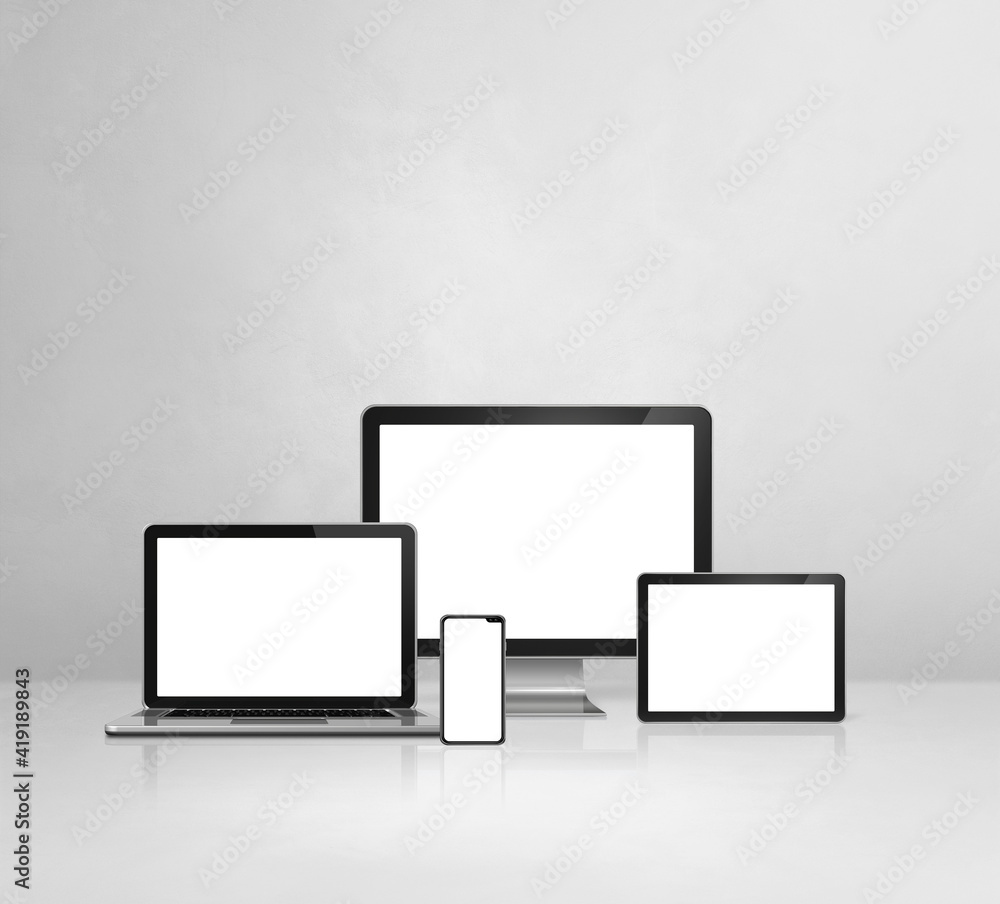 computer, laptop, mobile phone and digital tablet pc. white concrete background computer, laptop, mobile phone and digital tablet pc. white concrete background