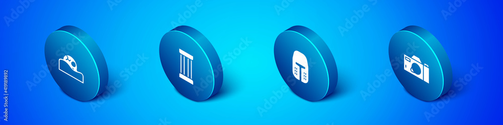 Set Isometric Human skull, Medieval iron helmet, Photo camera and Ancient column icon. Vector. Set Isometric Human skull, Medieval iron helmet, Photo camera and Ancient column icon. Vector.