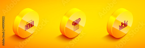 Set Isometric Exit sign, Ancient column and King crown icon. Vector.