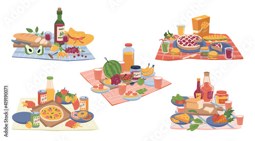 Picnic food and drinks, bottle of wine, snacks, fruits and vegetables isolated flat cartoon icons set. Vector napkins with fresh veggies, alcohol drinks, cheese, pizza sandwiches and bakery bread