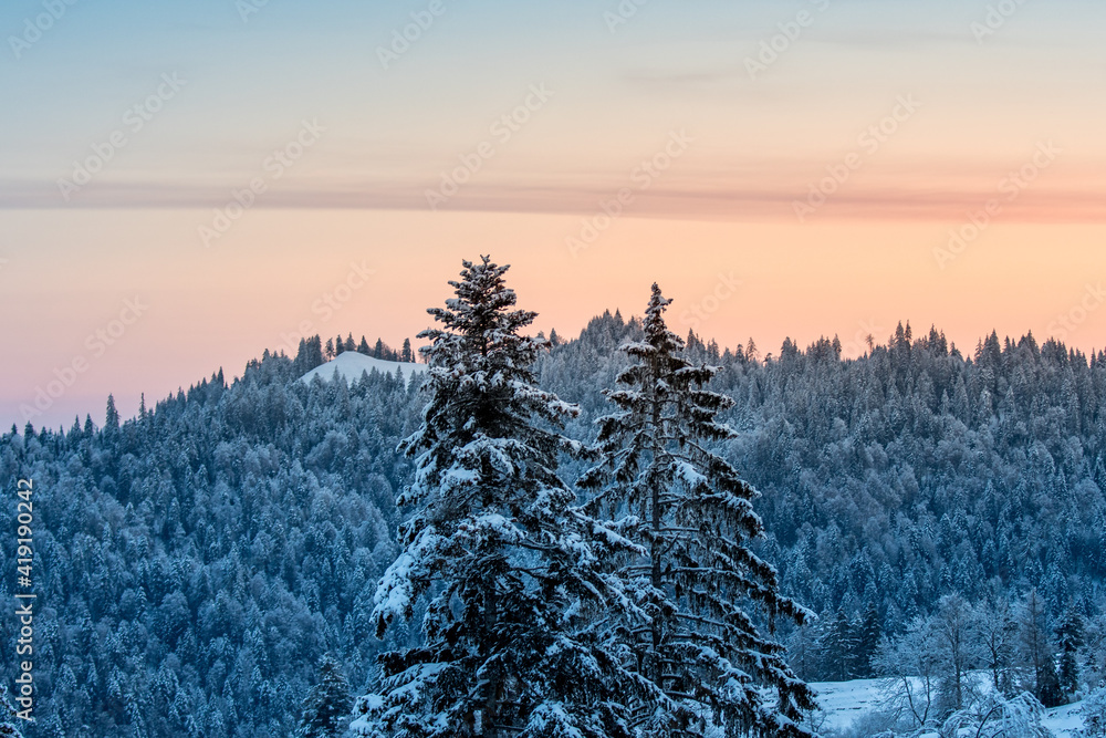 beautiful winter sunrise in snowy Emmental