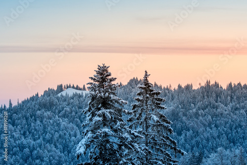 beautiful winter sunrise in snowy Emmental