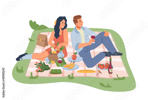 Picnic on nature, man and woman sitting on blanket with wine, fruits and vegetables isolated flat cartoon people. Vector young family coupe resting in park or garden, basket with products, veggies