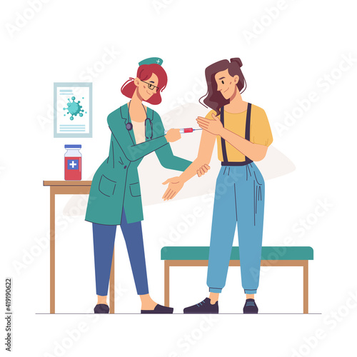 Pandemic infection stop, treatment from flu or influenza, nurse making injection to woman, flat cartoon. Vector healthcare and medicine, immunization and vaccination concept. Doctor injecting lady