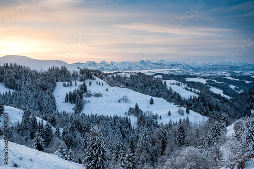 Fototapeta Naklejka Na Ścianę i Meble -  beautiful winter sunrise in snowy Emmental