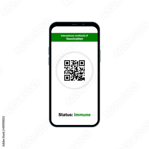 Traveler shows health passport of vaccination certification on phone at airportcovid-19. status: Immune. Vector illustration.