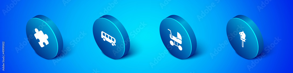 Set Isometric Puzzle pieces toy, Baby stroller, Toy horse and Bus icon. Vector. Set Isometric Puzzle pieces toy, Baby stroller, Toy horse and Bus icon. Vector.