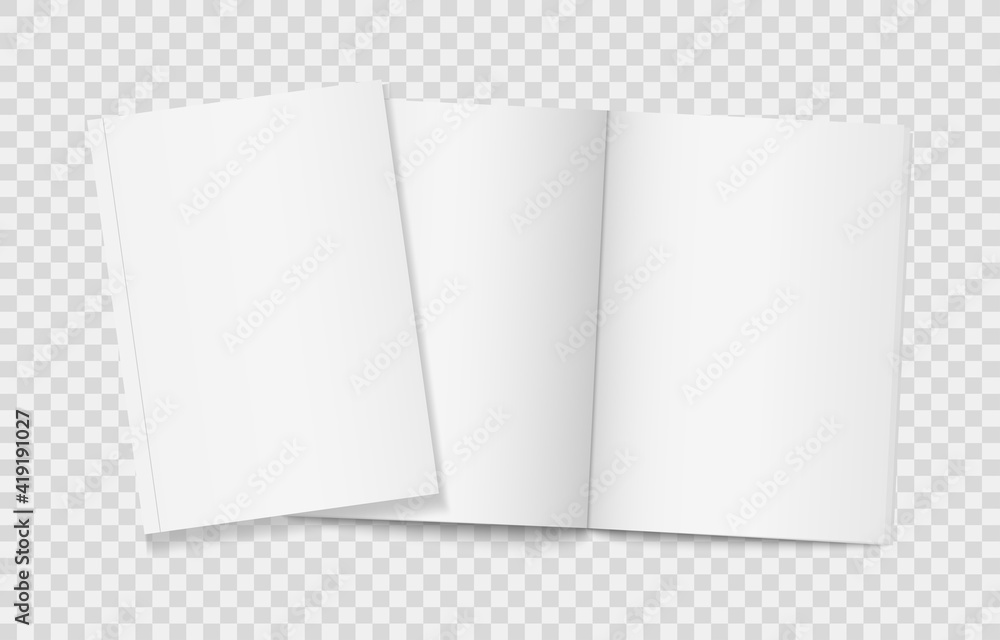 Two realistic blank books on transparent background. Open and closed vertical brochure page, notebook, magazine, booklet, cover. 3d mockup template for your design. Blank paper white sheets. Vector Two realistic blank books on transparent background. Open and closed vertical brochure page, notebook, magazine, booklet, cover. 3d mockup template for your design. Blank paper white sheets. Vector
