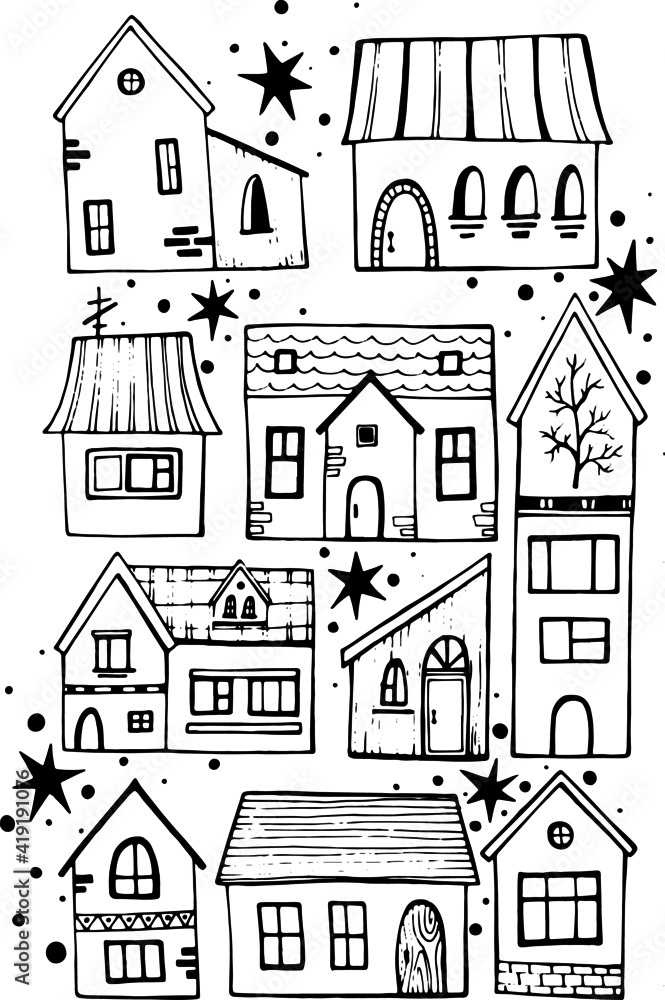 vector doodle illustration. a set of cute houses for printing on stickers, postcards, packaging, souvenirs. lineart