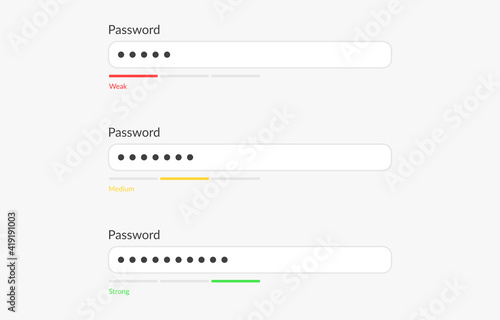 Password weak, medium and strong. Authorization concept. Digital security password authentication. Cyber security technology. Template for ui or ux design, creating sites. Vector illustration