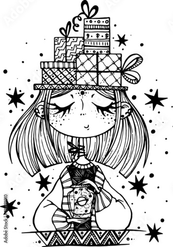 vector illustration of a cute girl with Christmas gifts on her head. hand drawing for printing on postcards, stickers, packaging, souvenirs. unusual character. book illustration.