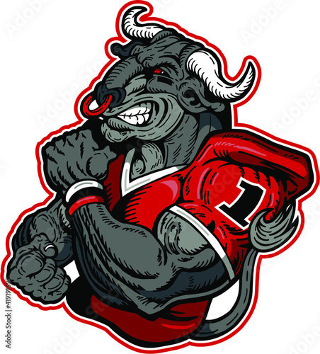 muscular bull football player mascot for school, college or league