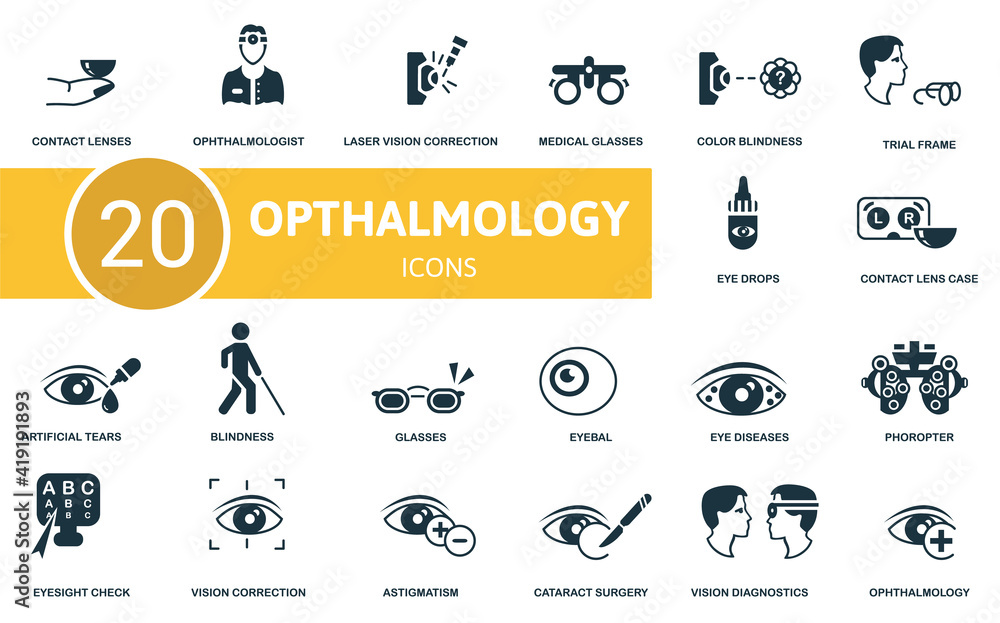 Ophthalmology icon set. Contains editable icons ophthalmology theme such as ophthalmologist, medical glasses, trial frame and more.