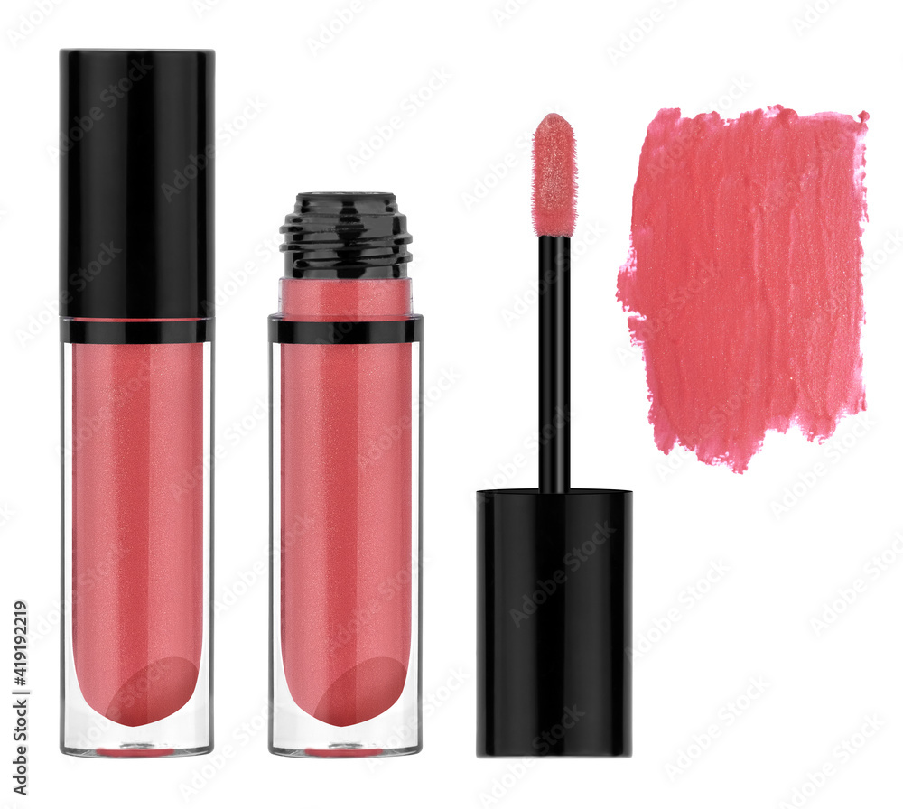 Red lip gloss with metallic glitter particles, glass container with black lid, brush and smeared samples, isolated on white background, clipping path Red lip gloss with metallic glitter particles, glass container with black lid, brush and smeared samples, isolated on white background, clipping path