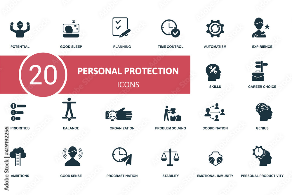 Personal Protection icon set. Contains editable icons personal protection theme such as first aid kit, traffic safety, survival ring budy and more. Personal Protection icon set. Contains editable icons personal protection theme such as first aid kit, traffic safety, survival ring budy and more.