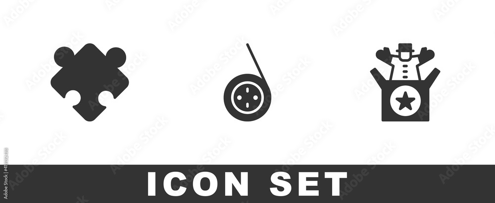 Set Puzzle pieces toy, Yoyo and Jack in the box icon. Vector. Set Puzzle pieces toy, Yoyo and Jack in the box icon. Vector.