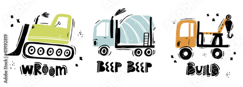 Vector hand-drawn color children's set with illustration, poster, print with a cute trucks and lettering in Scandinavian style on a white background. Building equipment. Funny construction transport.