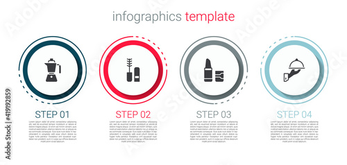 Set Coffee moca pot, Mascara brush, Lipstick and Covered with tray food. Business infographic template. Vector.